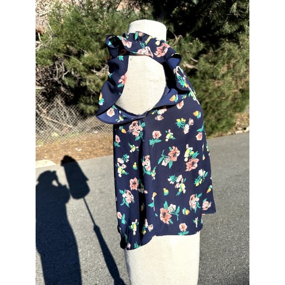 SIENNA Sky Blouse Small Blue Floral Ruffle keyhole Cap Sleeve Top Flowy Womens - Picture 3 of 7